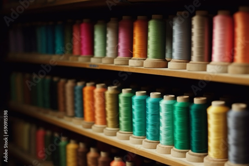 Multicolored thread spool in storehouse shelf Generative AI
