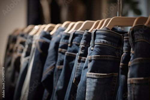 sale assortment denim collection on the stand in a stylish boutique shop selection Generative AI