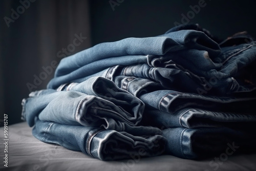 Stack of various blue jeans on white background. Beauty and fashion, clothing concept. Detail of nice blue jeans. Jeans texture or denim background. Collection of jeans Generative AI