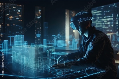 An engineer designs the construction of a city with the help of VR glasses, generative AI.