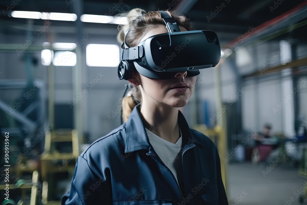 The engineer girl uses VR glasses to solve work problems, generative AI The engineer girl uses VR glasses to solve work problems, generative AI