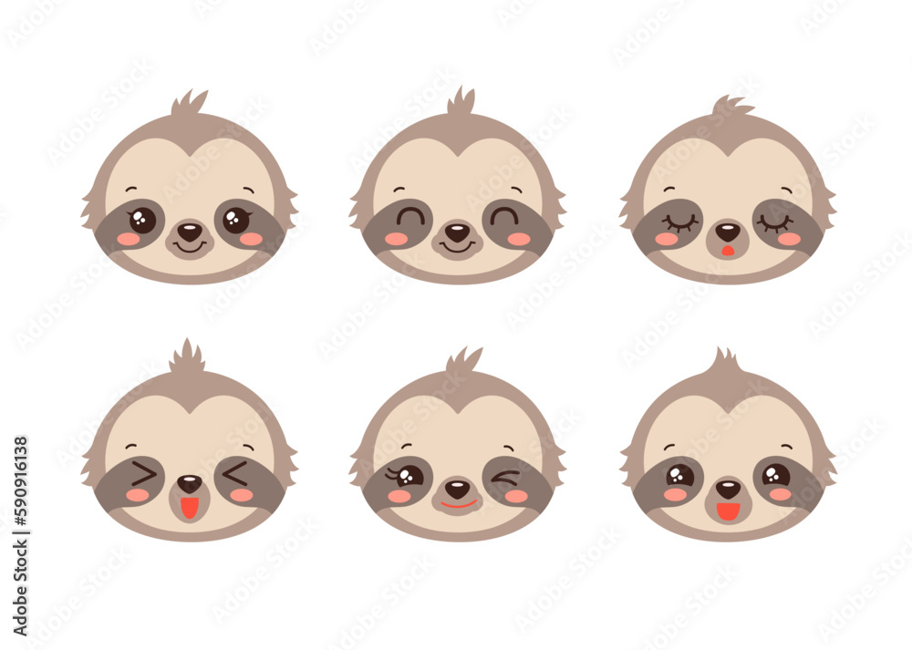 Cute sloth emoji icon set. Messenger emoji. Safari animal icons. Kawaii sloth emoticon smile happy facial expressions. Cartoon animals vector signs. Kawaii anime comic style sloth. Isolated emoticons.