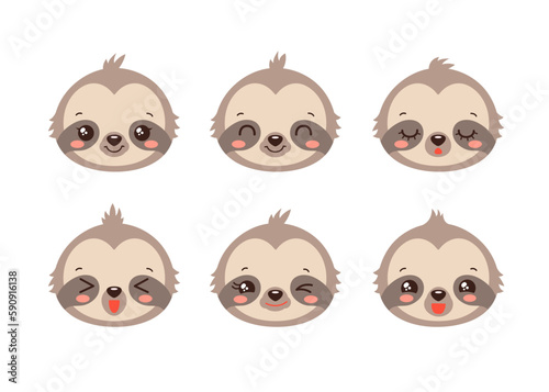 Cute sloth emoji icon set. Messenger emoji. Safari animal icons. Kawaii sloth emoticon smile happy facial expressions. Cartoon animals vector signs. Kawaii anime comic style sloth. Isolated emoticons.