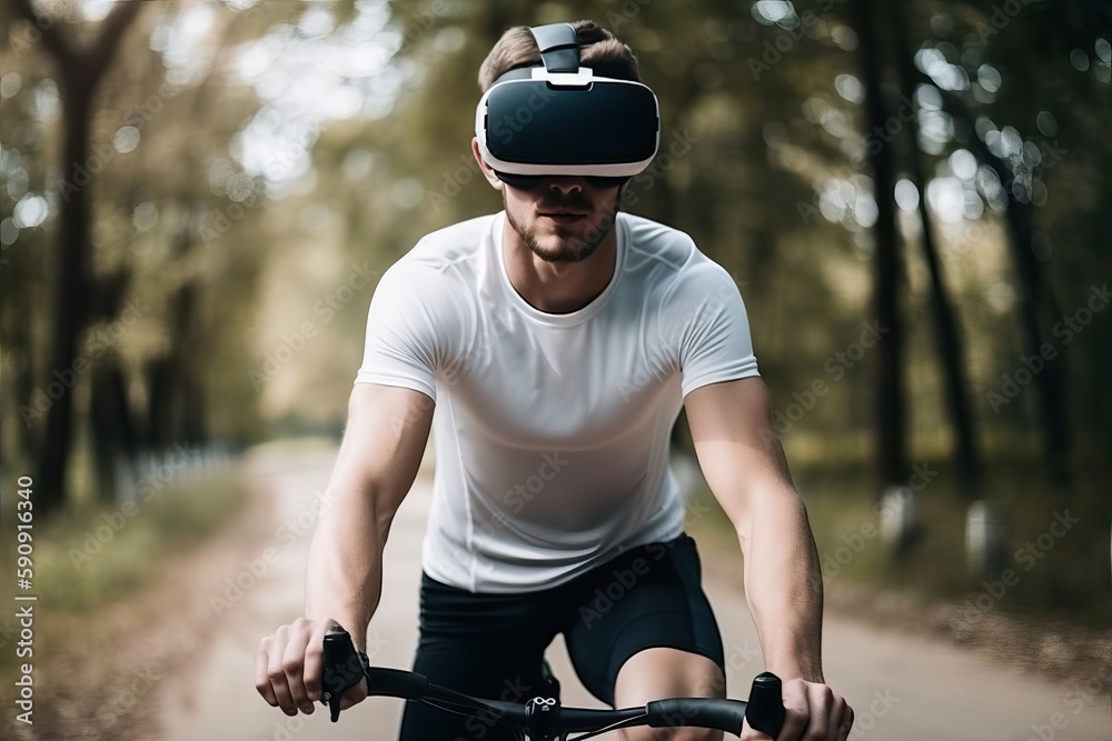 a man rides a bicycle through the park in sunglasses, generative AI. a man rides a bicycle through the park in sunglasses, generative AI.