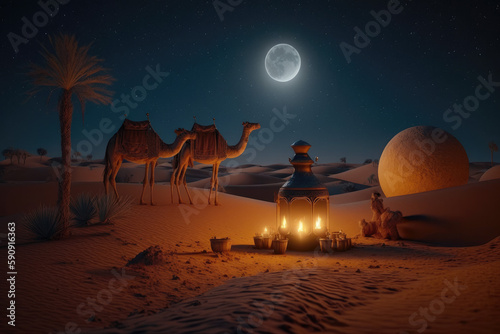 dessert landscape night view with camels stay during Ramadan Kareem generative ai