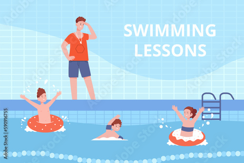 Childrens swimming coach. Swim lessons club, learn kid swimmers with instructor poolside, cartoon teacher and child group training exercise competition in pool, vector illustration