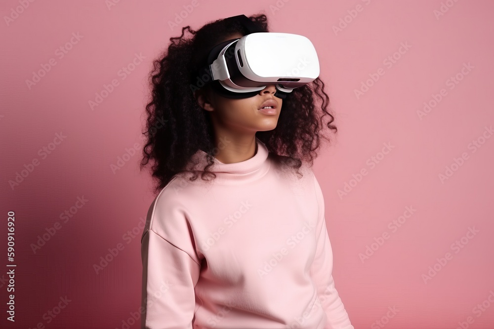 Young African American woman wears vr glasses, teenagers and children of the future, generative AI. Young African American woman wears vr glasses, teenagers and children of the future, generative AI.