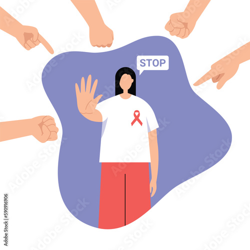 Vector illustration of stopping AIDS. A cartoon scene with a girl with a red ribbon, a symbol of the fight against AIDS, with a stop hand sign and peoples hands around it on a white background.