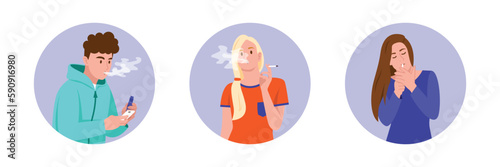 Vector illustration of bad habits. Cartoon scene with a guy smoking electronic cigarettes and looking at the phone, girls smoking cigarettes isolated on white background.