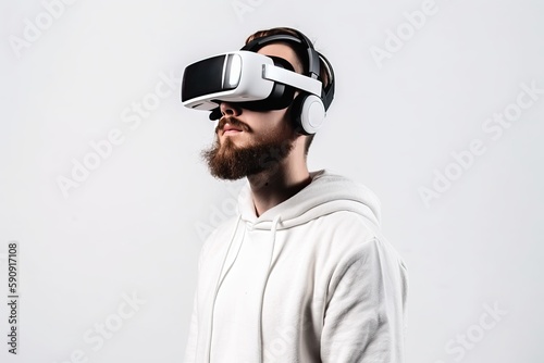 Young man in virtual reality glasses on a white background, portrait of a man in virtual reality glasses, generative AI. © Niko_Dali