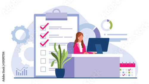 Vector illustration of a business woman. Cartoon scene with a girl sitting at a computer in the office, a to-do list, a calendar, a flower pot isolated on a white background.