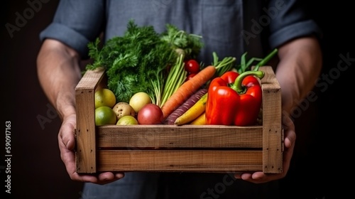 illustration, a wooden box full of fresh raw vegetables, ai generative © Jorge Ferreiro