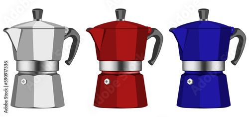 Italian coffee maker or moka pot set, espresso machine, mocha express. Colorful hand drawn vector illustration, isolated over white.