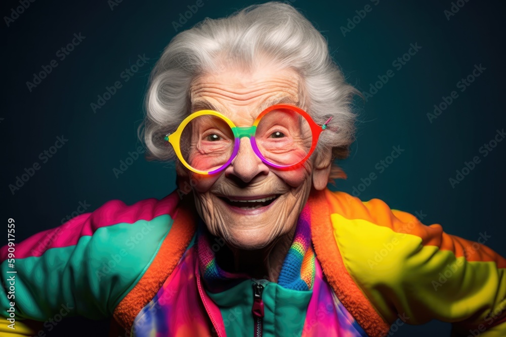 Old lady wearing colorful clothes in a studio environment. Generative AI Old lady wearing colorful clothes in a studio environment. Generative AI
