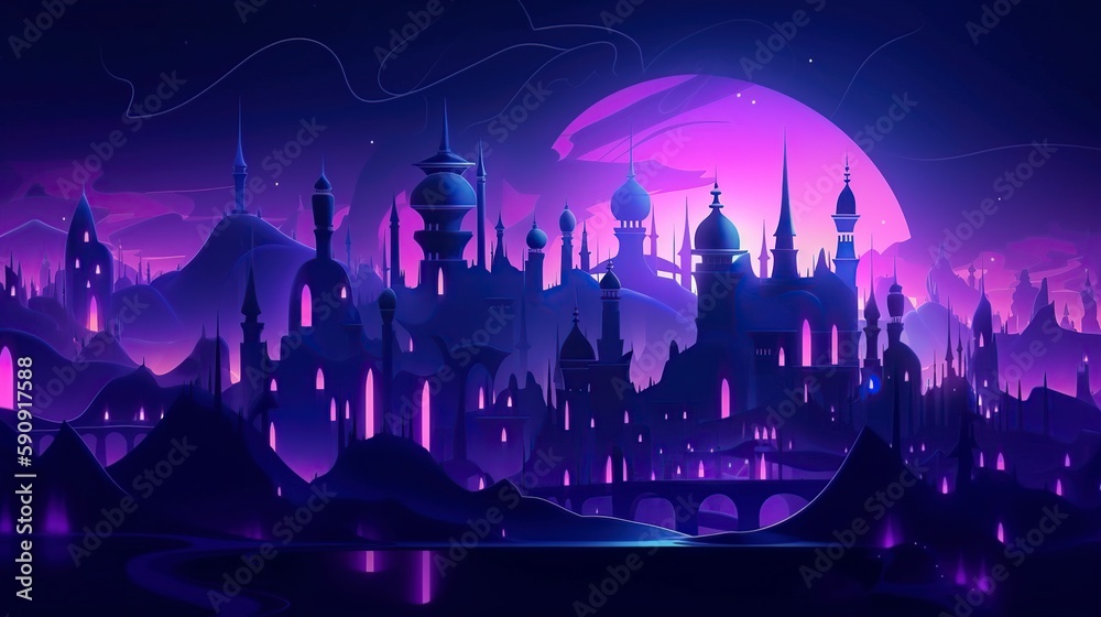 cartoon illustration, fairy tales arabian night city with towers, ai generative