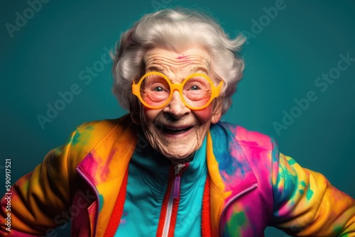 Old lady wearing colorful clothes in a studio environment. Generative AI © Adriana