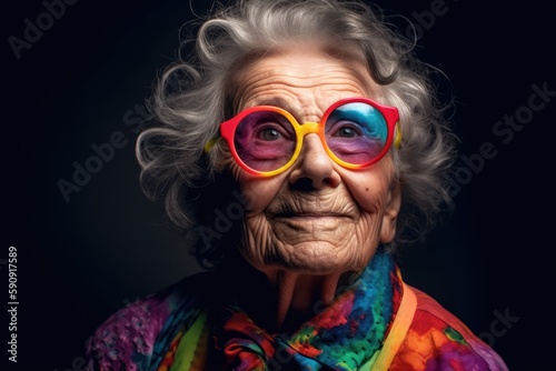 Old lady wearing colorful clothes in a studio environment. Generative AI