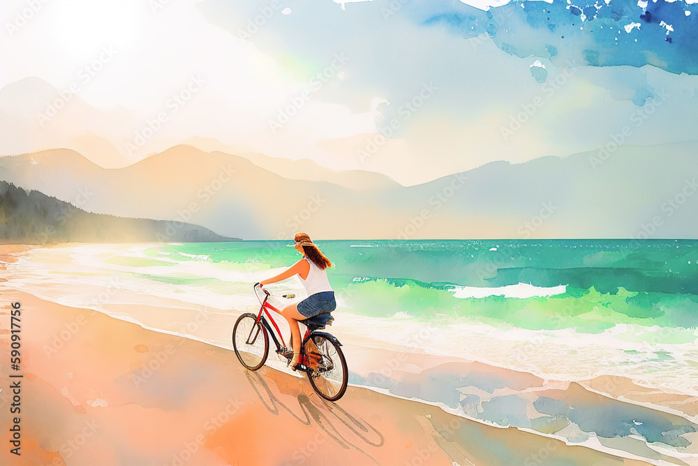 Fototapeta premium Watercolor illustration of a girl on a bicycle on the sea coast, Generative AI.