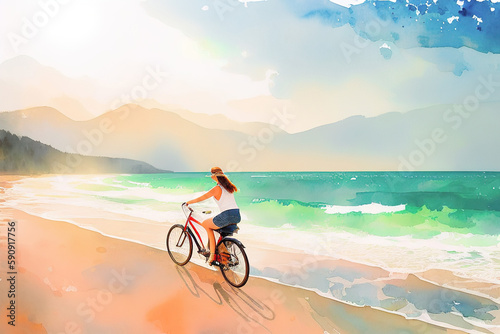 Watercolor illustration of a girl on a bicycle on the sea coast  Generative AI.