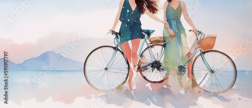 Watercolor illustration of a girl on a bicycle on the sea coast, Generative AI.