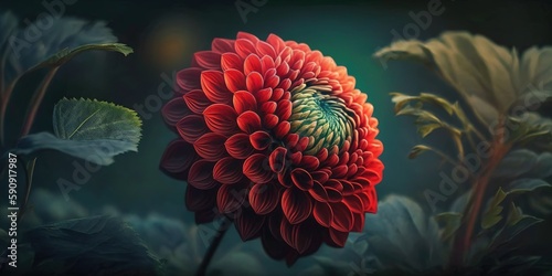 A stunning red flower blooms in a garden outside. Generative AI photo