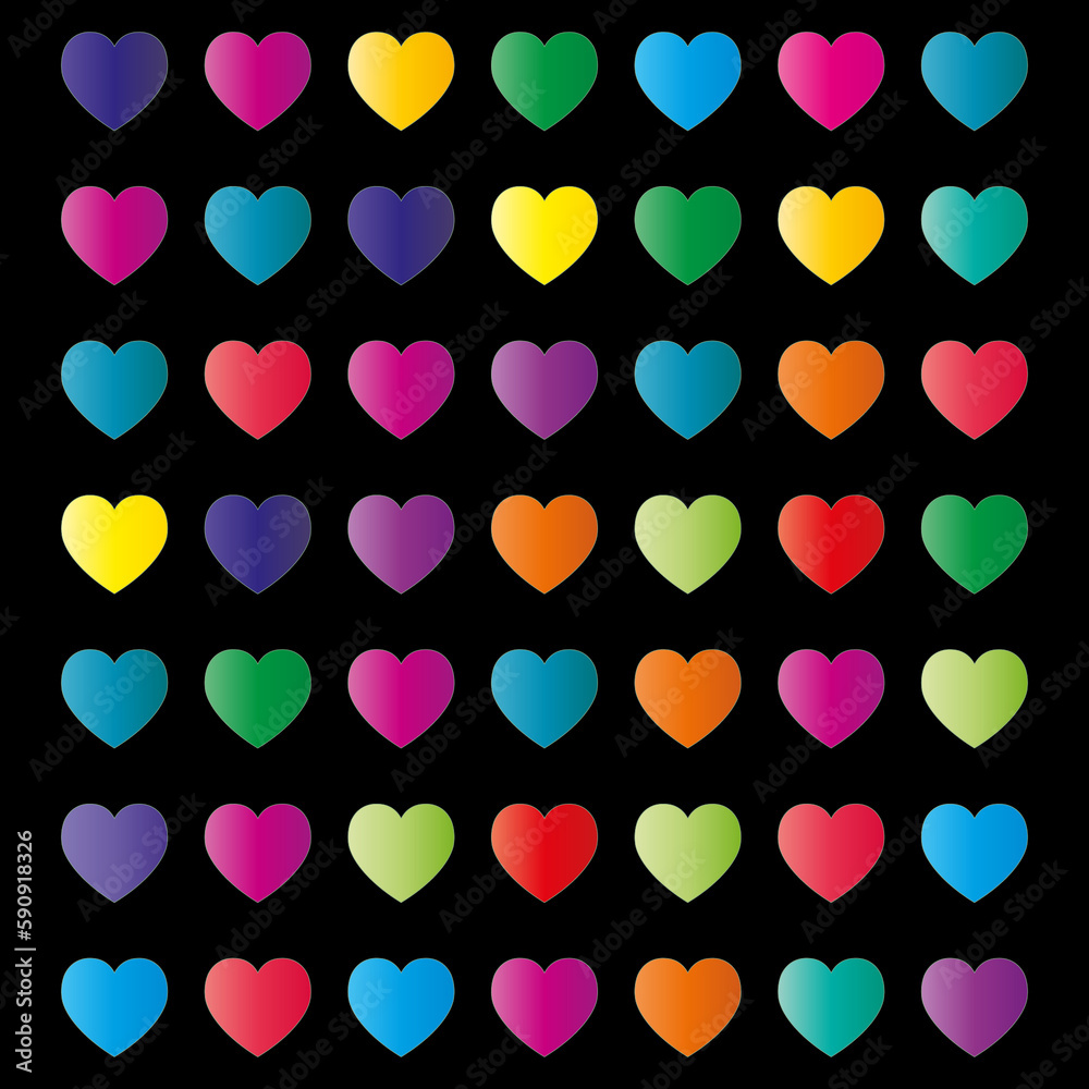 Color hearts icons set on black background	
