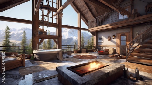 illustration  luxurious mountain cabin with jacuzzi  ai generative