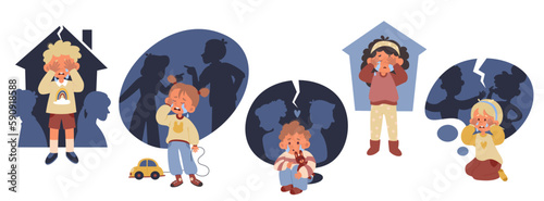 Children upset by divorce parents flat illustrations set. Scandal between woman and man