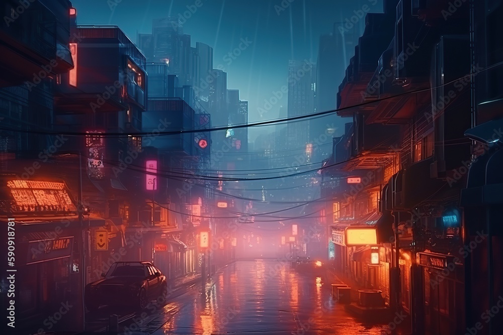 City street at night . Ai. Fantasy city with neon lights