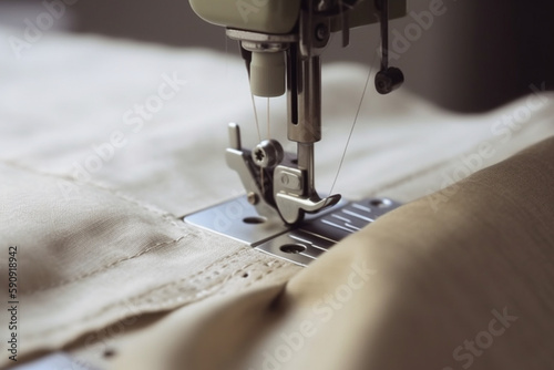 hem a curtain on sewing machine. Sewing close up Generative AI