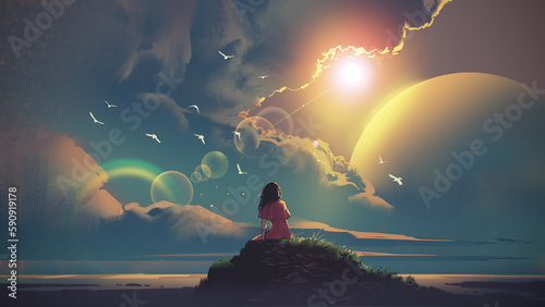 woman sitting and looking at the sky, digital art style, illustration painting
