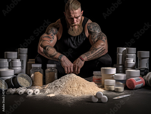 Bodybuilder, weightlifter, strong man with a variety of food supplements neatly arranged, AI generative