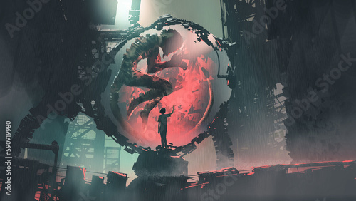 female scientist watches her giant monster in an oval-shaped experimental glass ball, digital art style, illustration painting