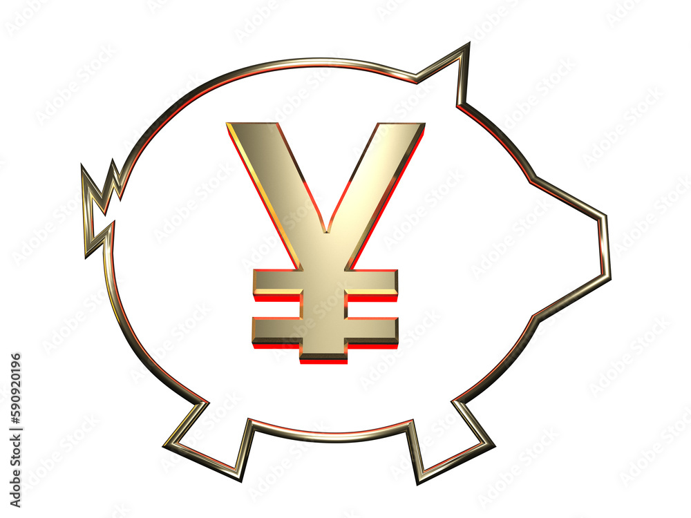 Obraz premium Golden piggy bank with a gold sign symbol of the yen with a colored backlight on a transparent background. 3d render.