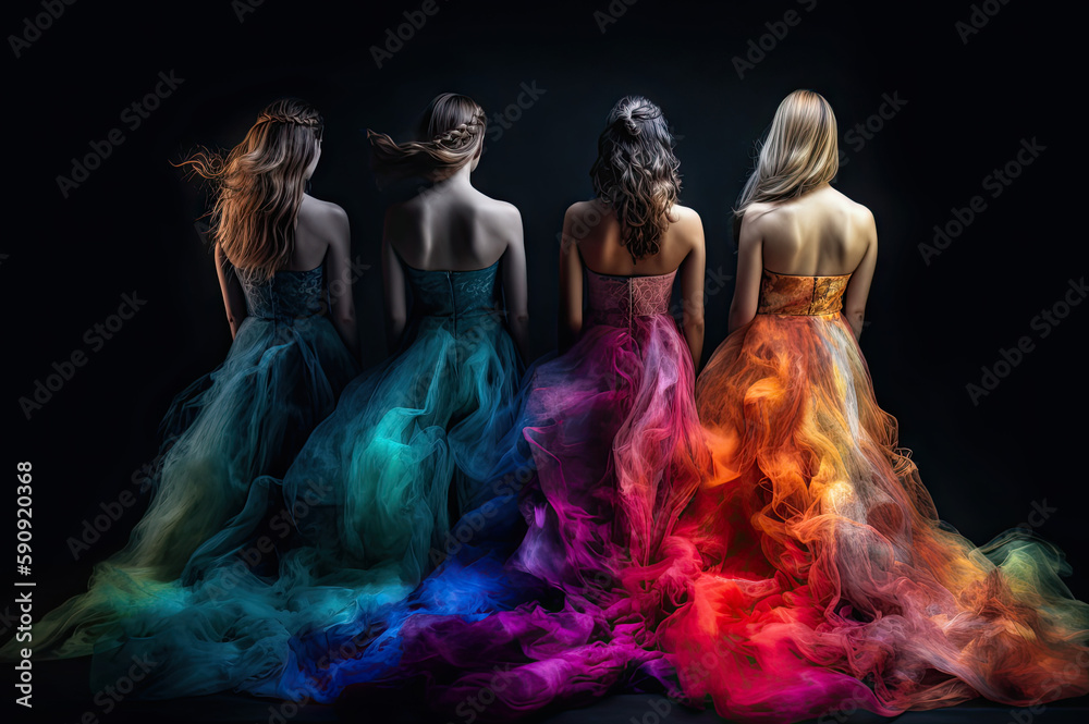 Four women in beautiful brilliant gowns created with Generative AI technology Four women in beautiful brilliant gowns created with Generative AI technology