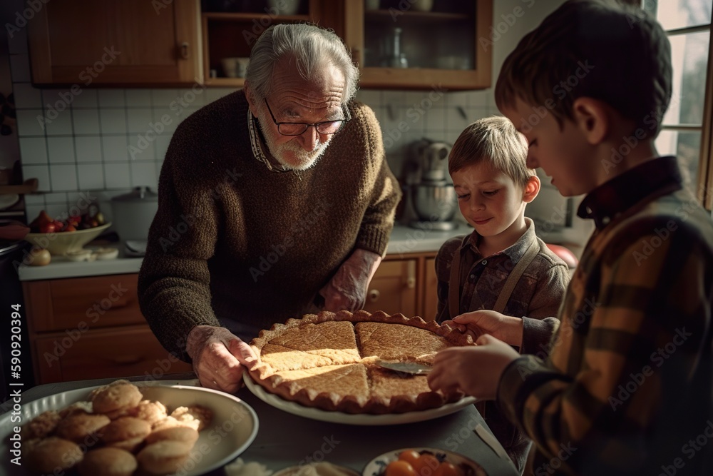 Grandparents and Young Family Sharing an Apple Pie, happy family reunion, AI Generative