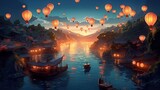 A stunning view of a river in Japan, illuminated by colorful paper lanterns and the soft light of sunset. Enjoy this beautiful scene generated by AI technology. AI generative.