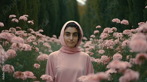 Portrait of a fictional arab woman with a pink veil and scarf in a garden full of pnik roses. Generative AI illustration. photo