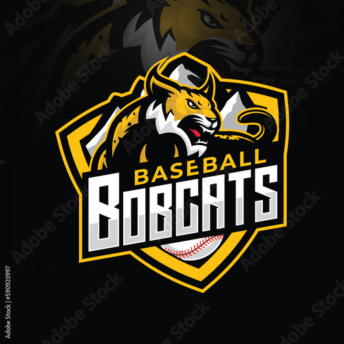 bobcat mascot baseball logo design with combination of element bobcat, shield, mountain, and baseball with modern illustration