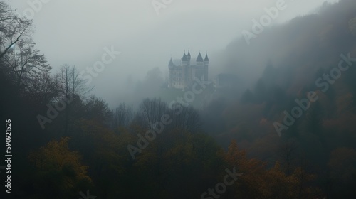 Beautiful fairy castle in misty mountains, AI generative magic landscape