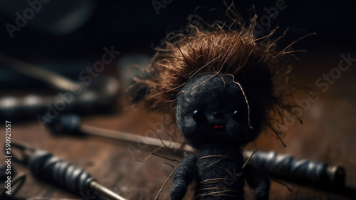 voodoo black doll needle string wick of dirty hair