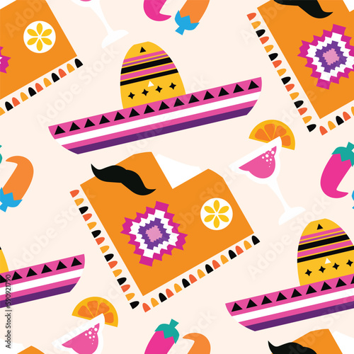 Happy Cinco de mayo template  seamless pattern with guitar, sombrero, pepper, firework, pattern  Translation from spanish - Cinco de Mayo - May 5 federal holiday in Mexico.Vector illustration 