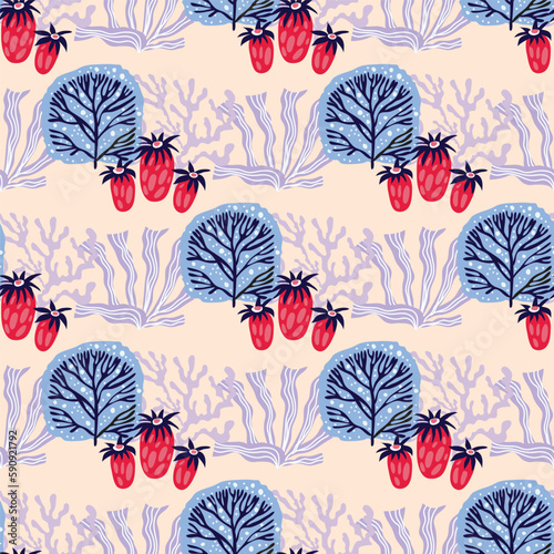 Beautiful seamless pattern with seaweeds, Sea underwater plants, ocean coral reef and aquatic kelp,  algae and seashells, jellyfish. Marine  background.  Vector illustration.  