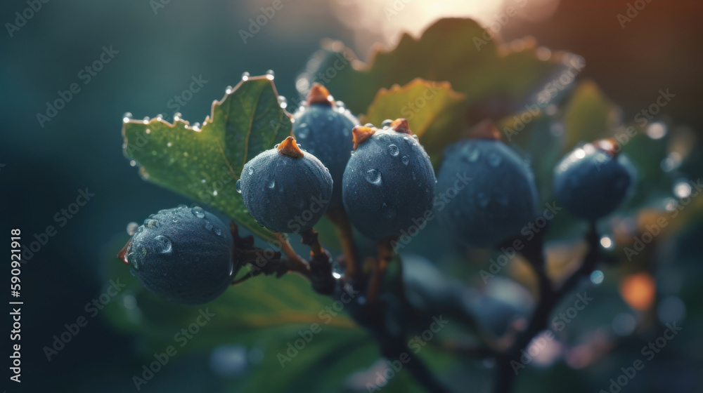 figs in dew drops on a tree branch, fresh fig fruit in nature. Created