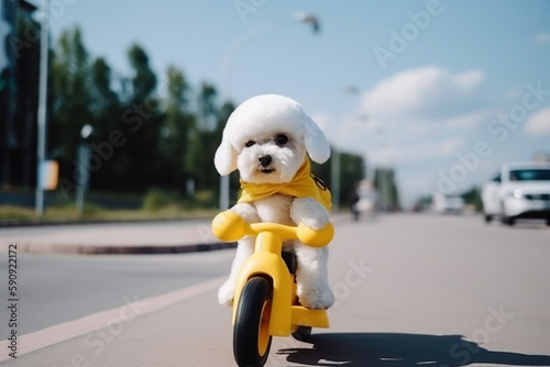 a cute little white dog riding a yellow bike, Generative AI
