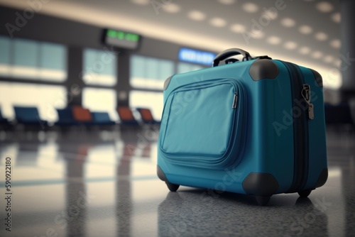 Blue suitcase in airport departure terminal. Travel concept. Generative AI