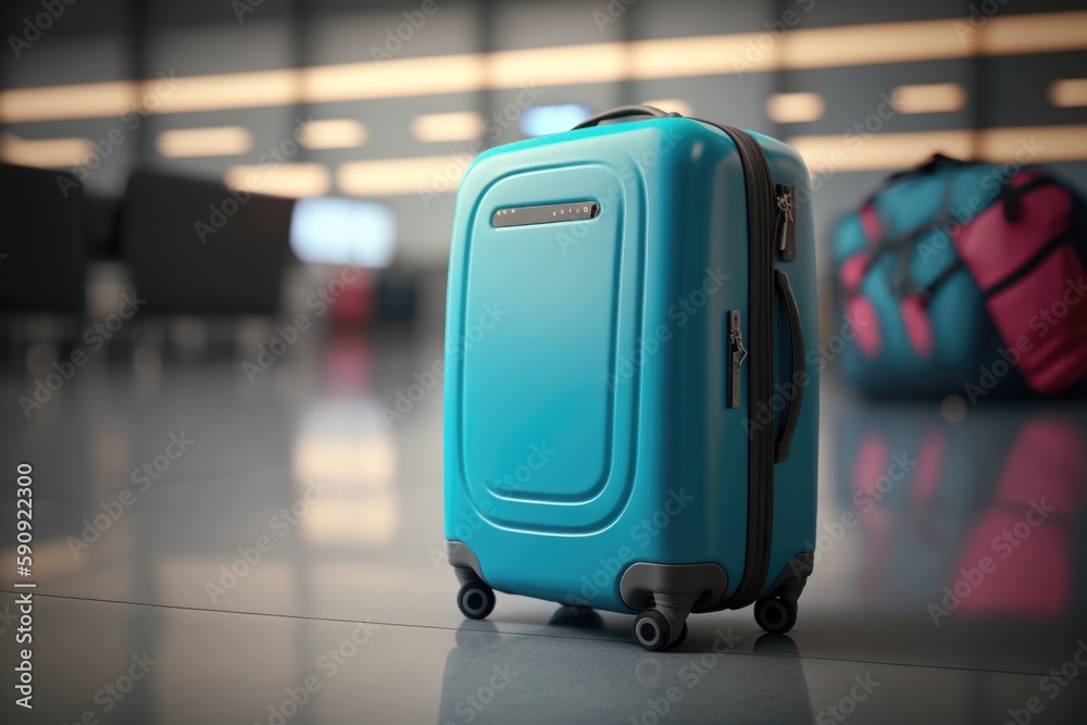 Blue suitcase in airport terminal on blured background. Travel luggage concept. Generative AI Blue suitcase in airport terminal on blured background. Travel luggage concept. Generative AI