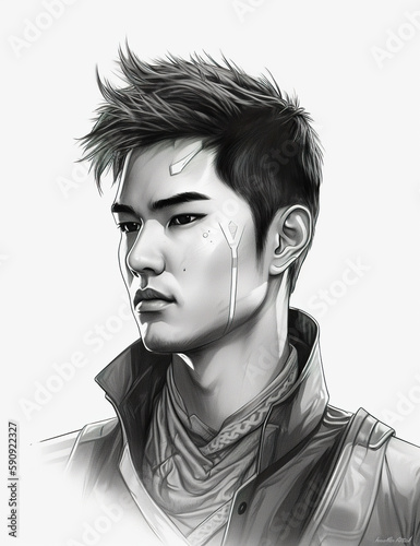 Fantasy character with Asian influences, young male, black white illustration, outline for coloring book page, AI generative coloring card