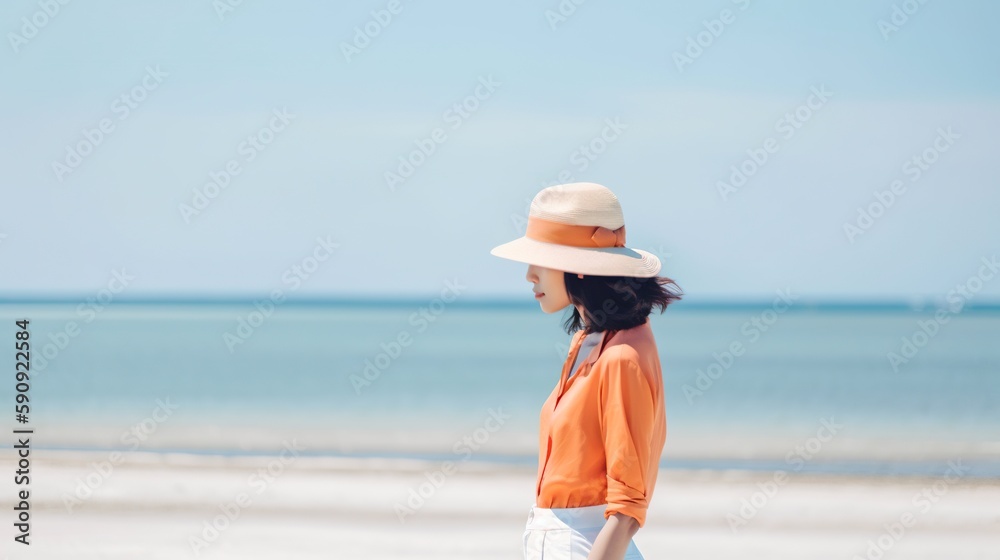Young woman tourist in a summer outfit and hat is enjoying a leisurely stroll on the beach. The perfect summer day for an outdoor adventure, AI generative.