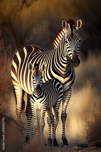 illustration  zebra standing in the bush with her foal  ai generative